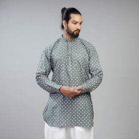  Grey Akola Block Print Cotton Men Short Kurta 