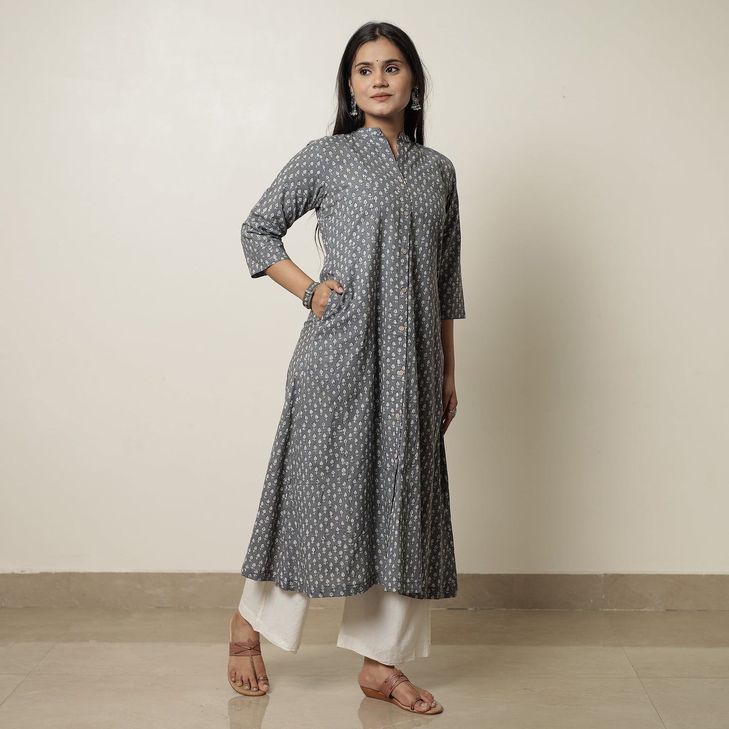Akola Hand Block Printed Cotton Long A-Line Kurta for Women