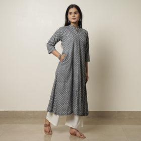 Akola Hand Block Printed Cotton Long A-Line Kurta for Women