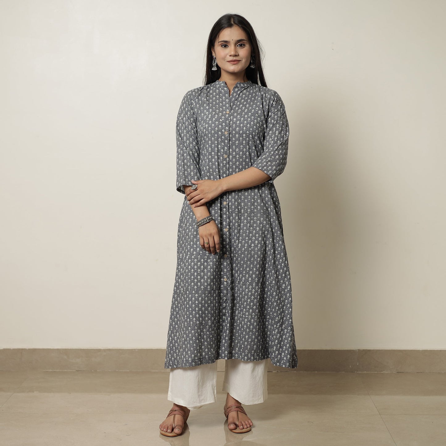 Akola Hand Block Printed Cotton Long A-Line Kurta for Women