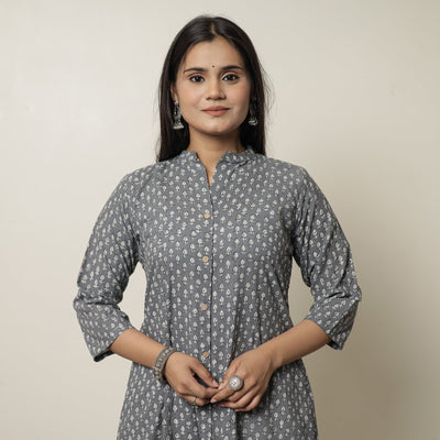 Akola Hand Block Printed Cotton Long A-Line Kurta for Women