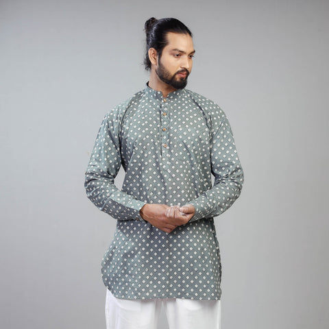  Grey Akola Block Print Cotton Men Short Kurta 