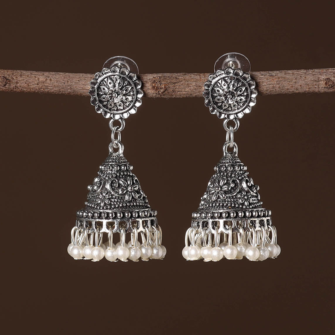 Alima German Silver Beaded Jhumki Earrings 