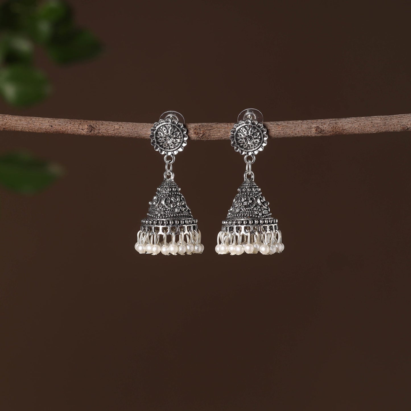 Alima German Silver Beaded Jhumki Earrings 
