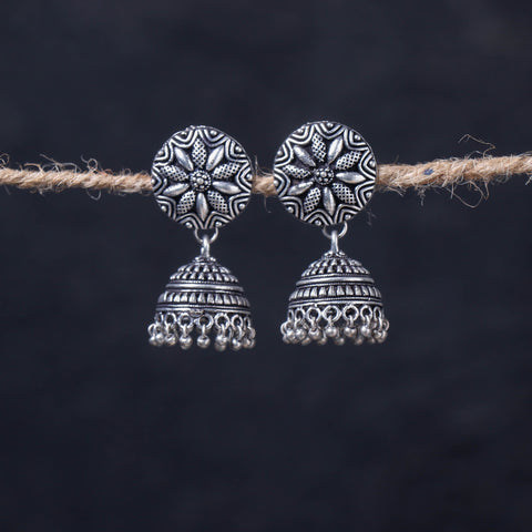  Antique Silver Finish Oxidised Brass Base Jhumka Earrings 