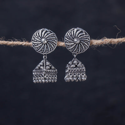  Antique Silver Finish Oxidised Brass Base Jhumka Earrings 