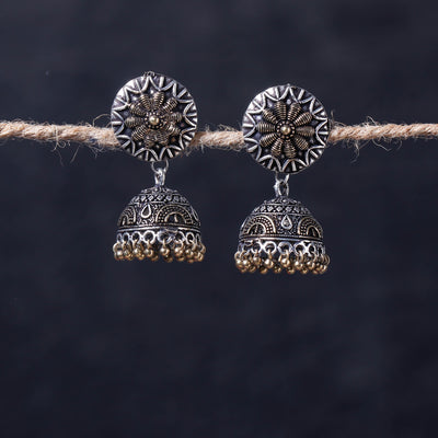  Antique Silver Finish Oxidised Brass Base Jhumka Earrings 