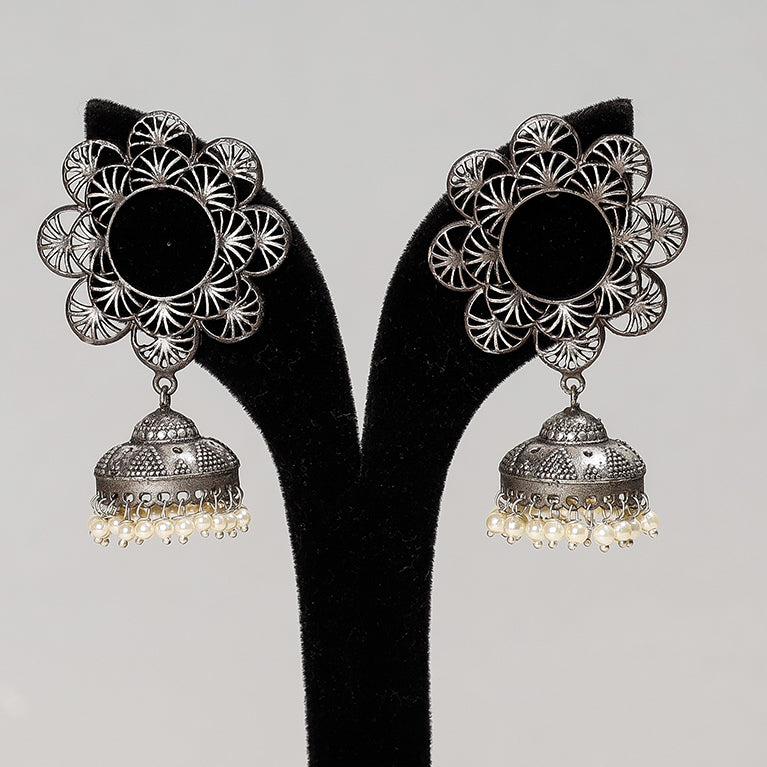  Antique Silver Finish Oxidised Brass Base Jhumki Earrings 