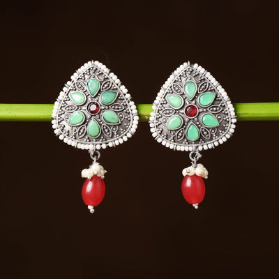  Antique Silver Finish Oxidised Brass Base Stone & Bead Work Earrings 