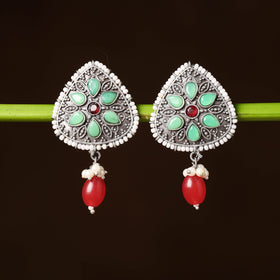  Antique Silver Finish Oxidised Brass Base Stone & Bead Work Earrings 