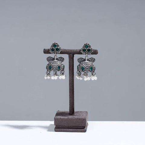  Antique Silver Finish Oxidised Brass Base Stone Work Jhumki Earrings 
