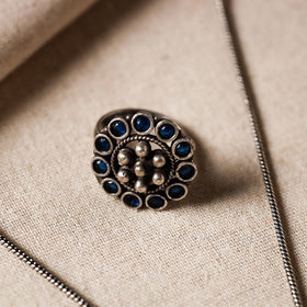  Antique Silver Finish Oxidised Brass Base Stone Work Necklace Set with Ring 