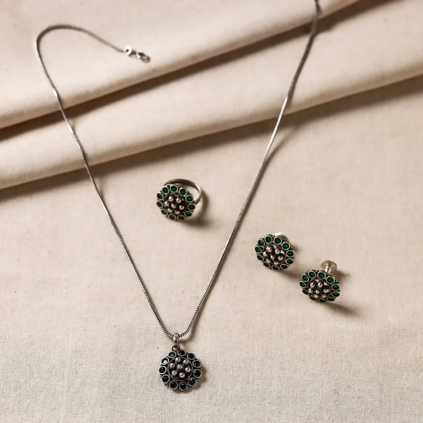  Antique Silver Finish Oxidised Brass Base Stone Work Necklace Set with Ring 