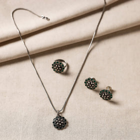  Antique Silver Finish Oxidised Brass Base Stone Work Necklace Set with Ring 