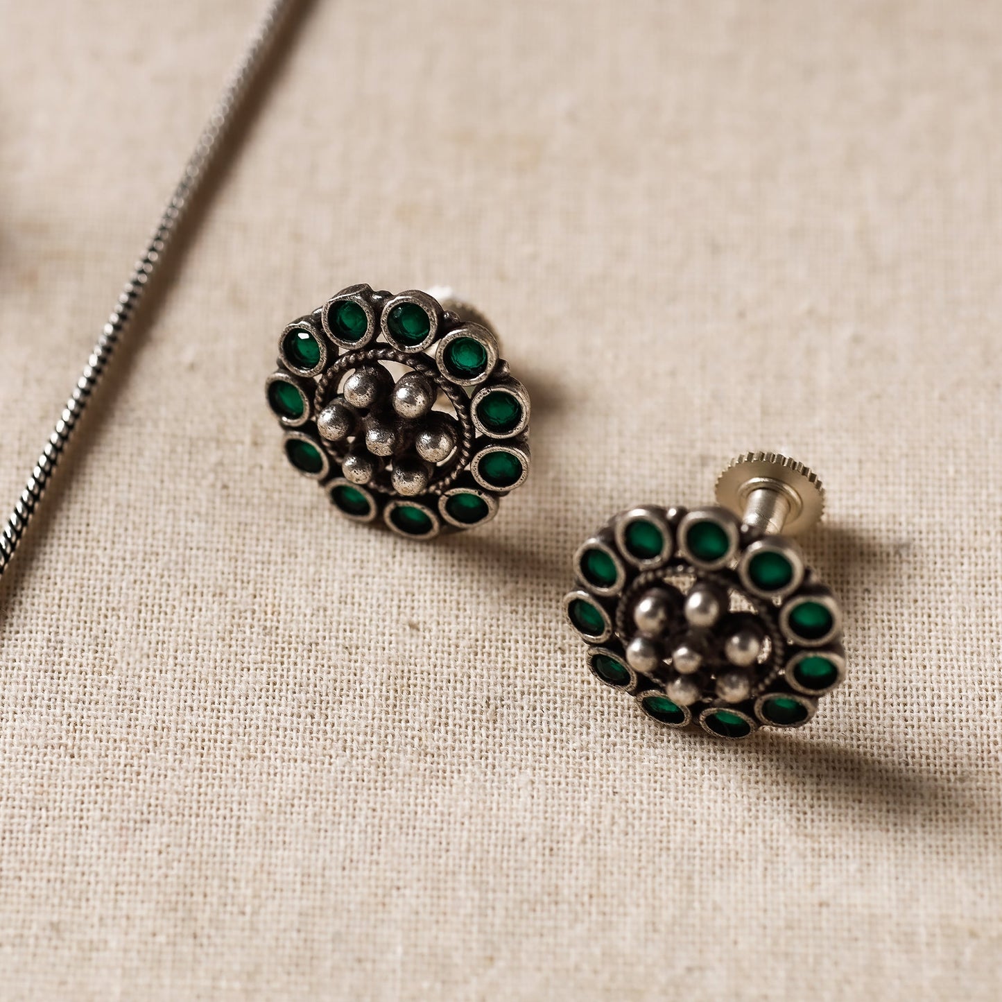  Antique Silver Finish Oxidised Brass Base Stone Work Necklace Set with Ring 