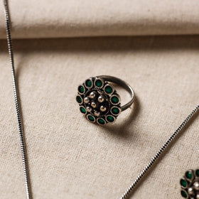  Antique Silver Finish Oxidised Brass Base Stone Work Necklace Set with Ring 