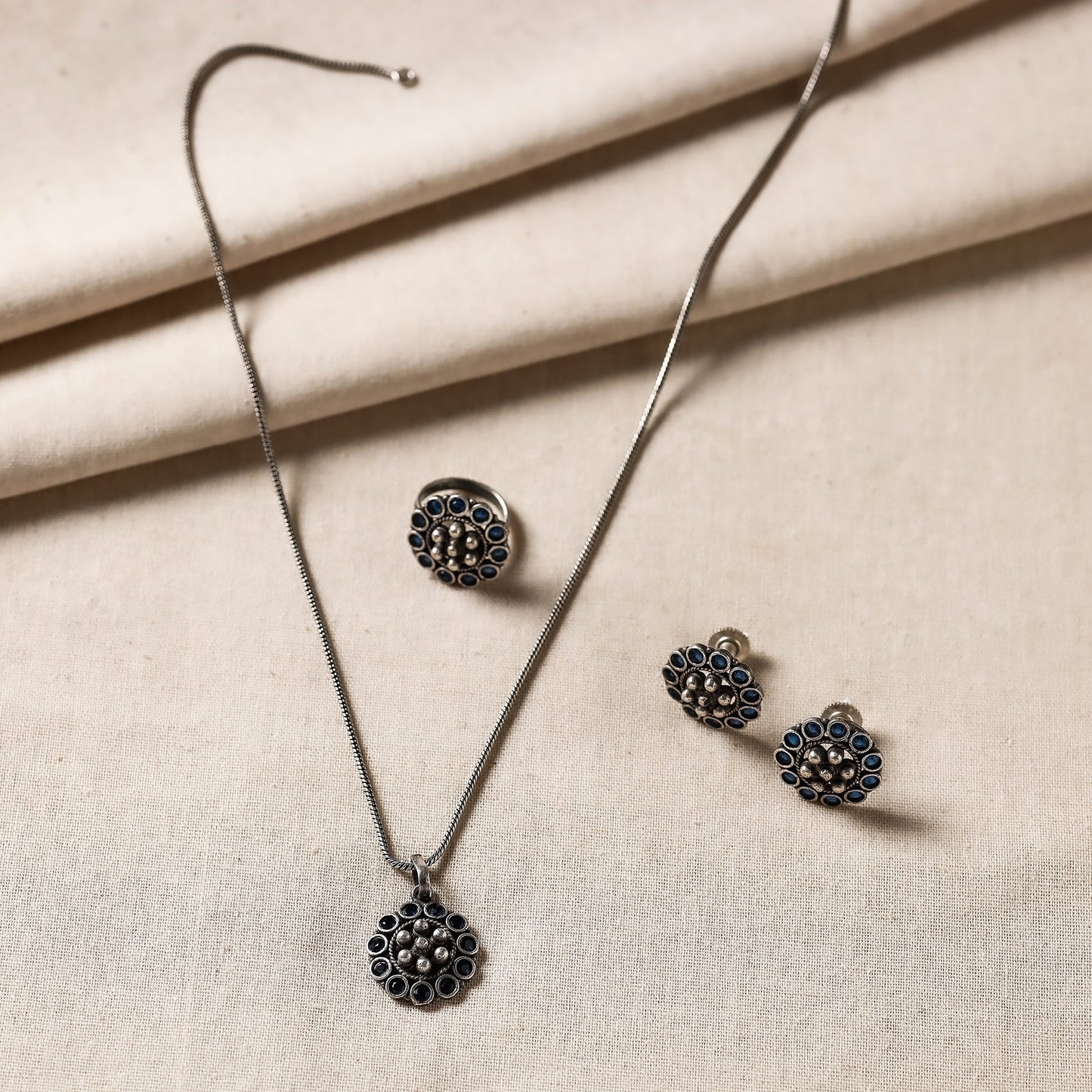  Antique Silver Finish Oxidised Brass Base Stone Work Necklace Set with Ring 