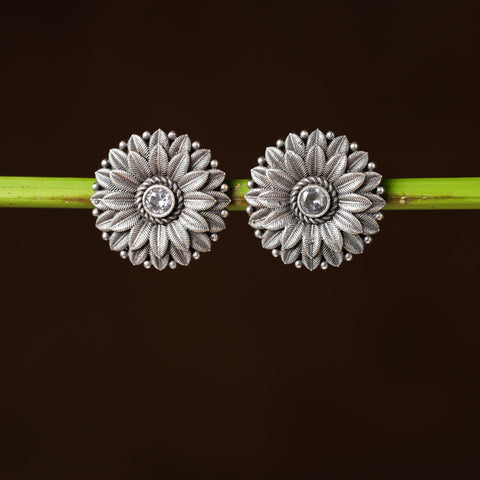  Antique Silver Finish Oxidised Brass Base Stone Work Stud Earrings 