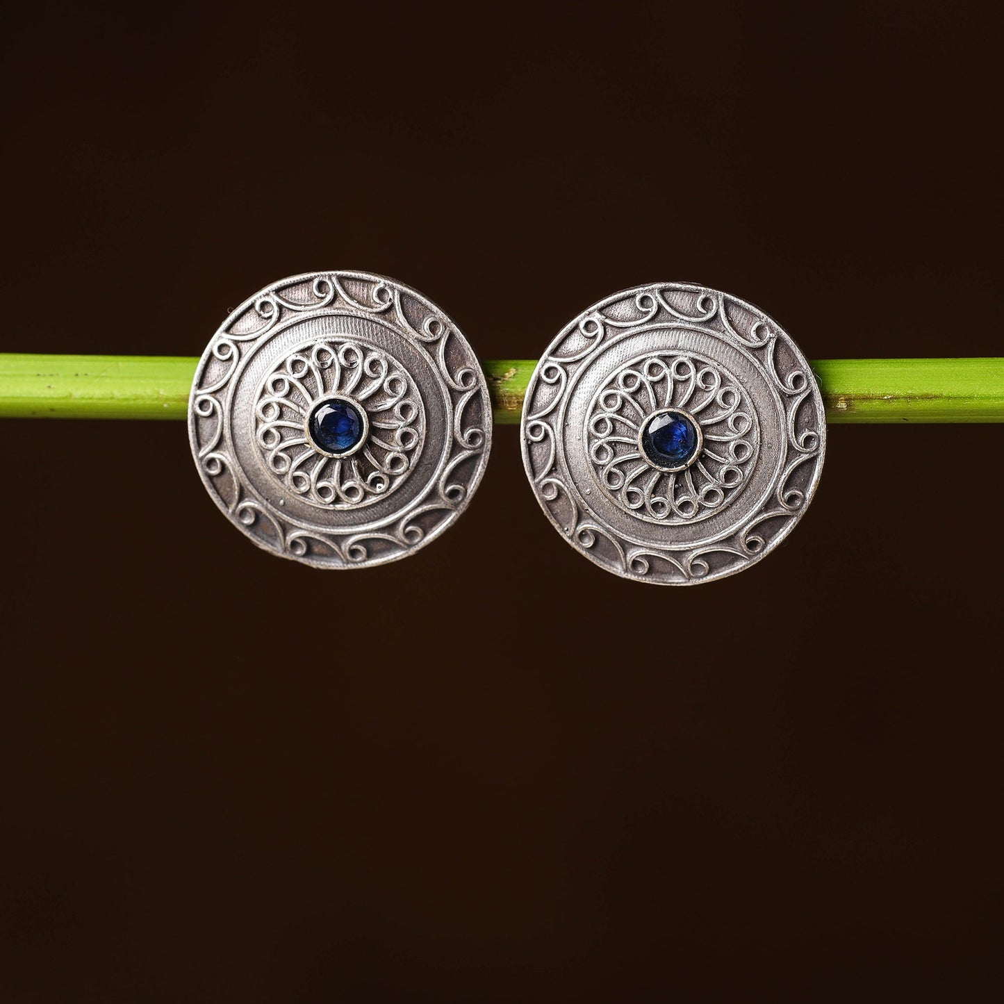 Antique Silver Finish Oxidised Brass Base Stone Work Stud Earrings