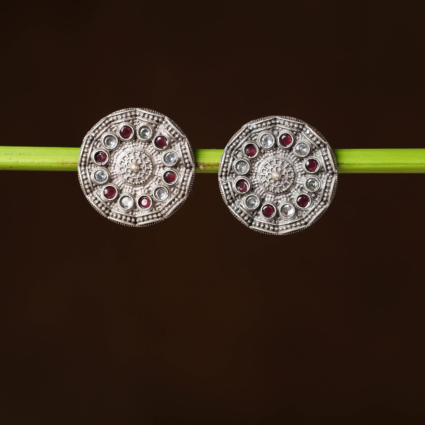 Buy Antique Silver Finish Oxidised Brass Base Stone Work Stud Earrings Online l iTokri.com