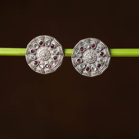 Buy Antique Silver Finish Oxidised Brass Base Stone Work Stud Earrings Online l iTokri.com