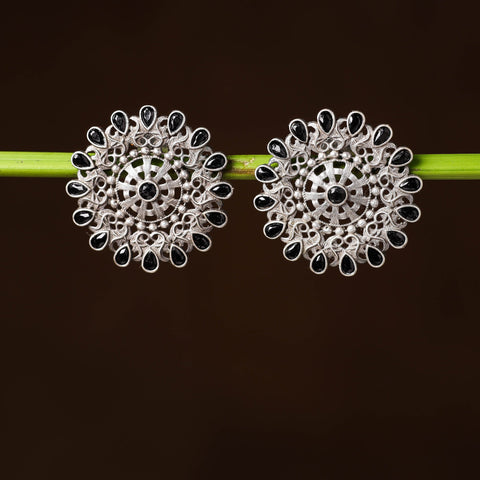 Antique Silver Finish Oxidised Brass Base Stone Work Stud Earrings