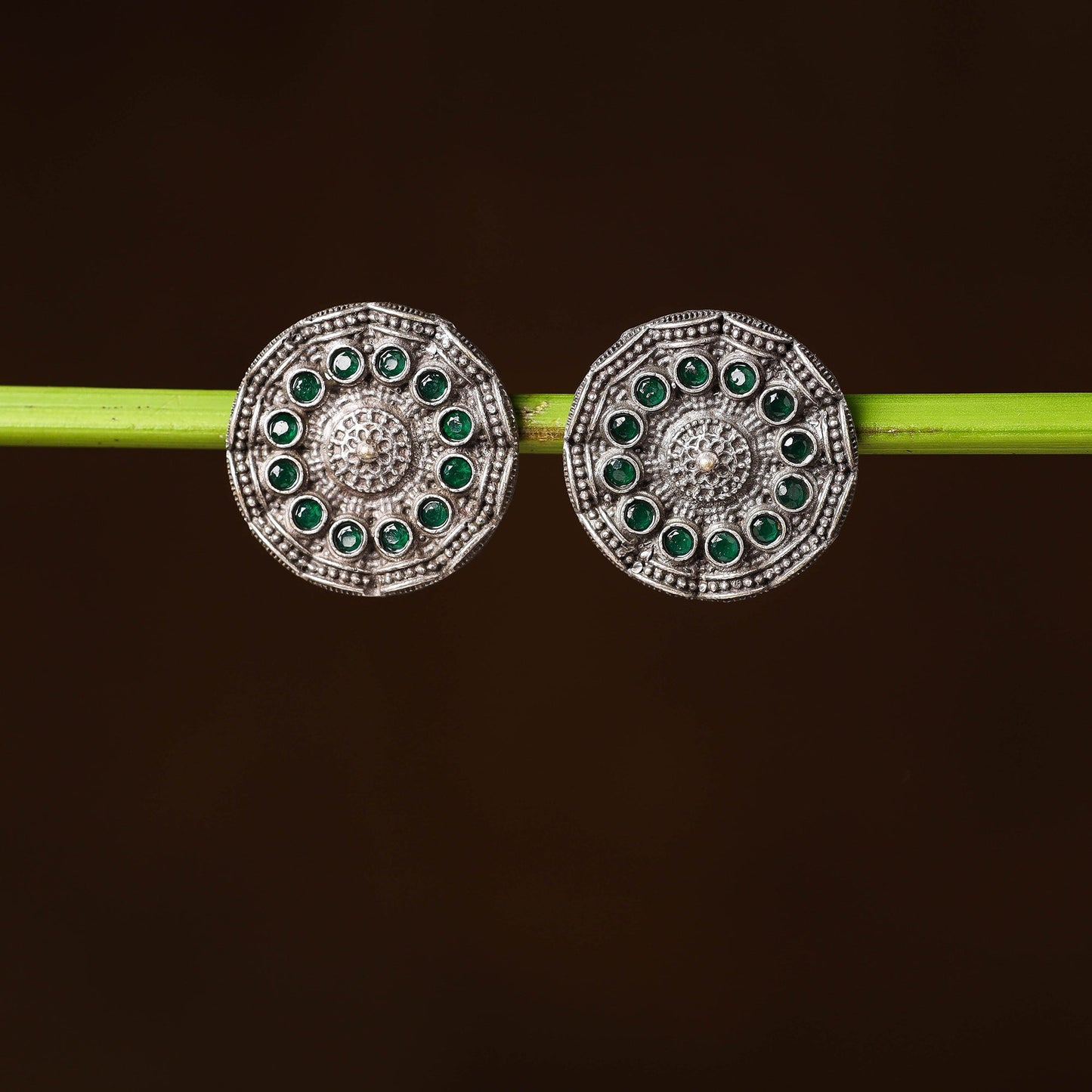 Antique Silver Finish Oxidised Brass Base Stone Work Stud Earrings