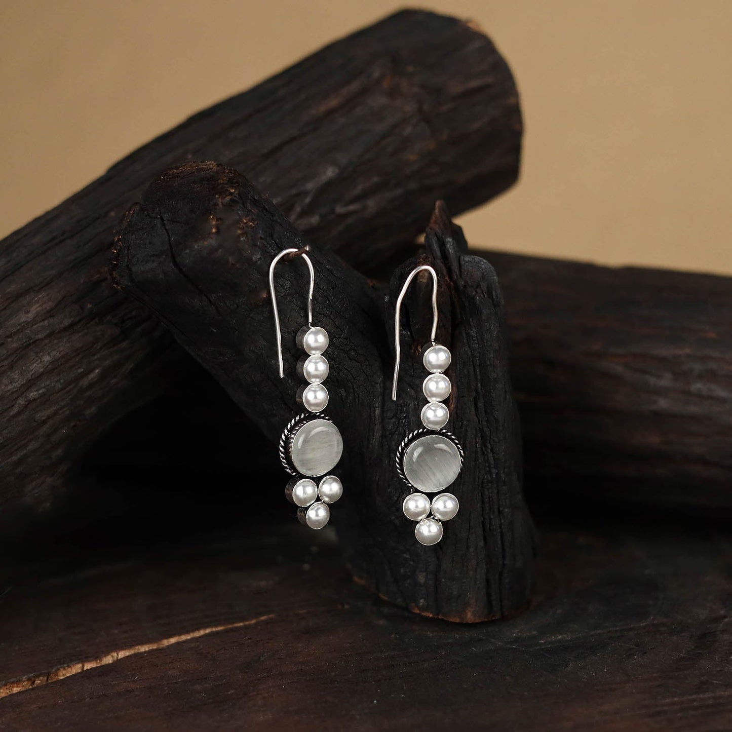 Grey - antique silver finish oxidised stone work earrings