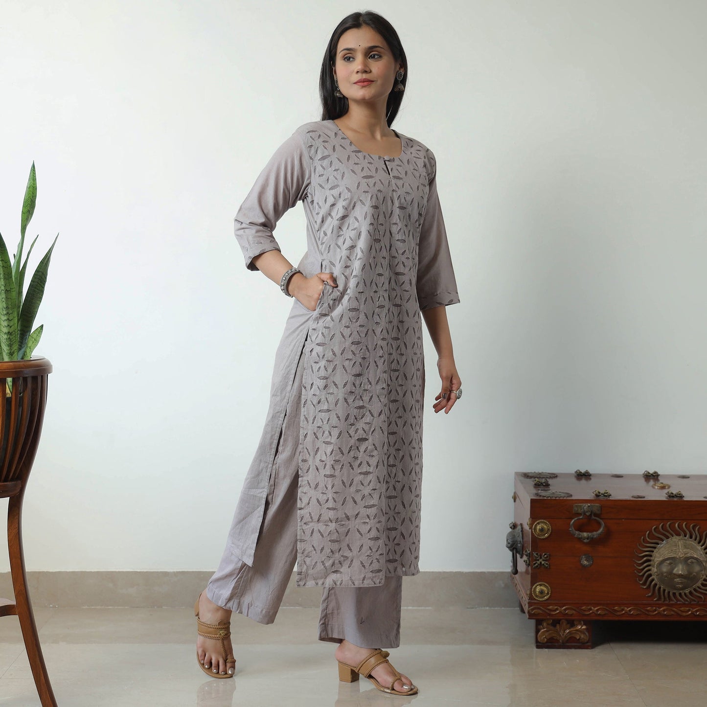  Applique Cut Work Cotton Kurta with Palazzo & Dupatta Set 05 