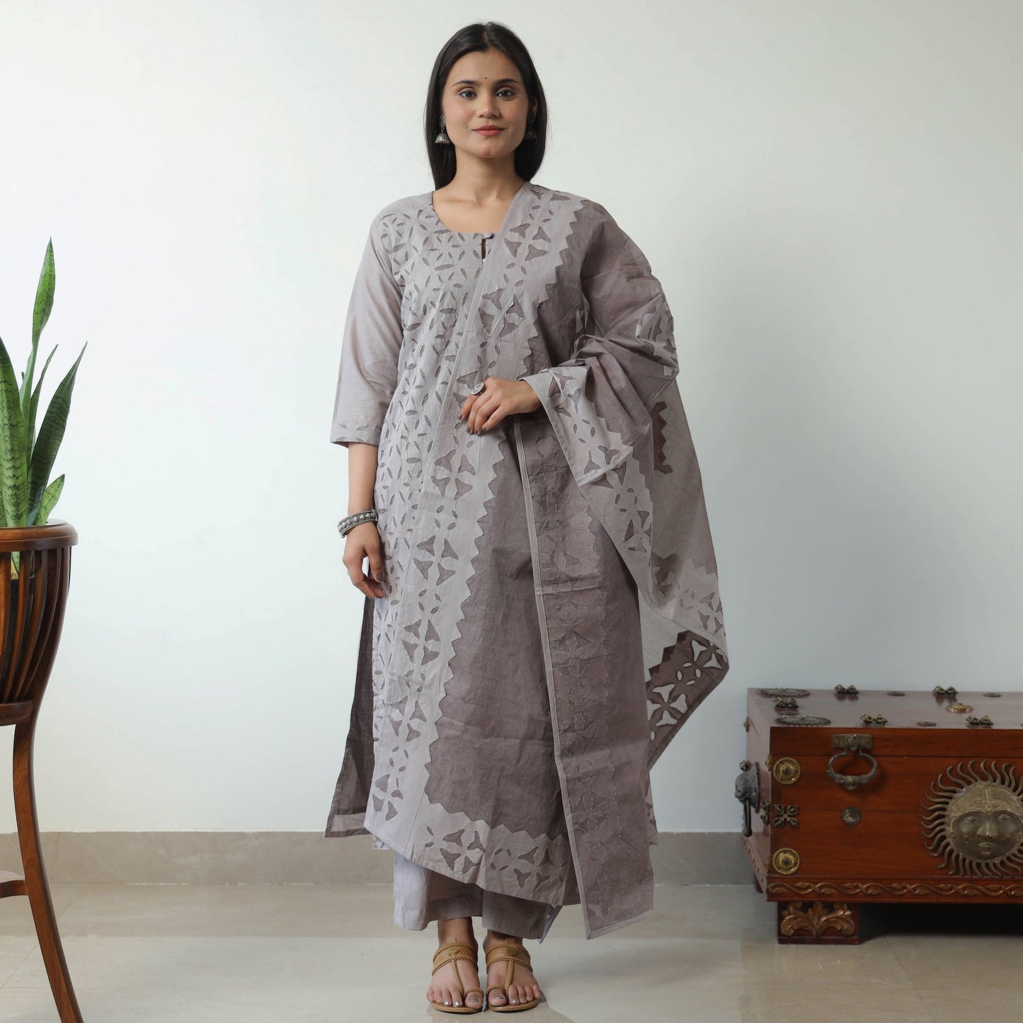  Applique Cut Work Cotton Kurta with Palazzo & Dupatta Set 05 