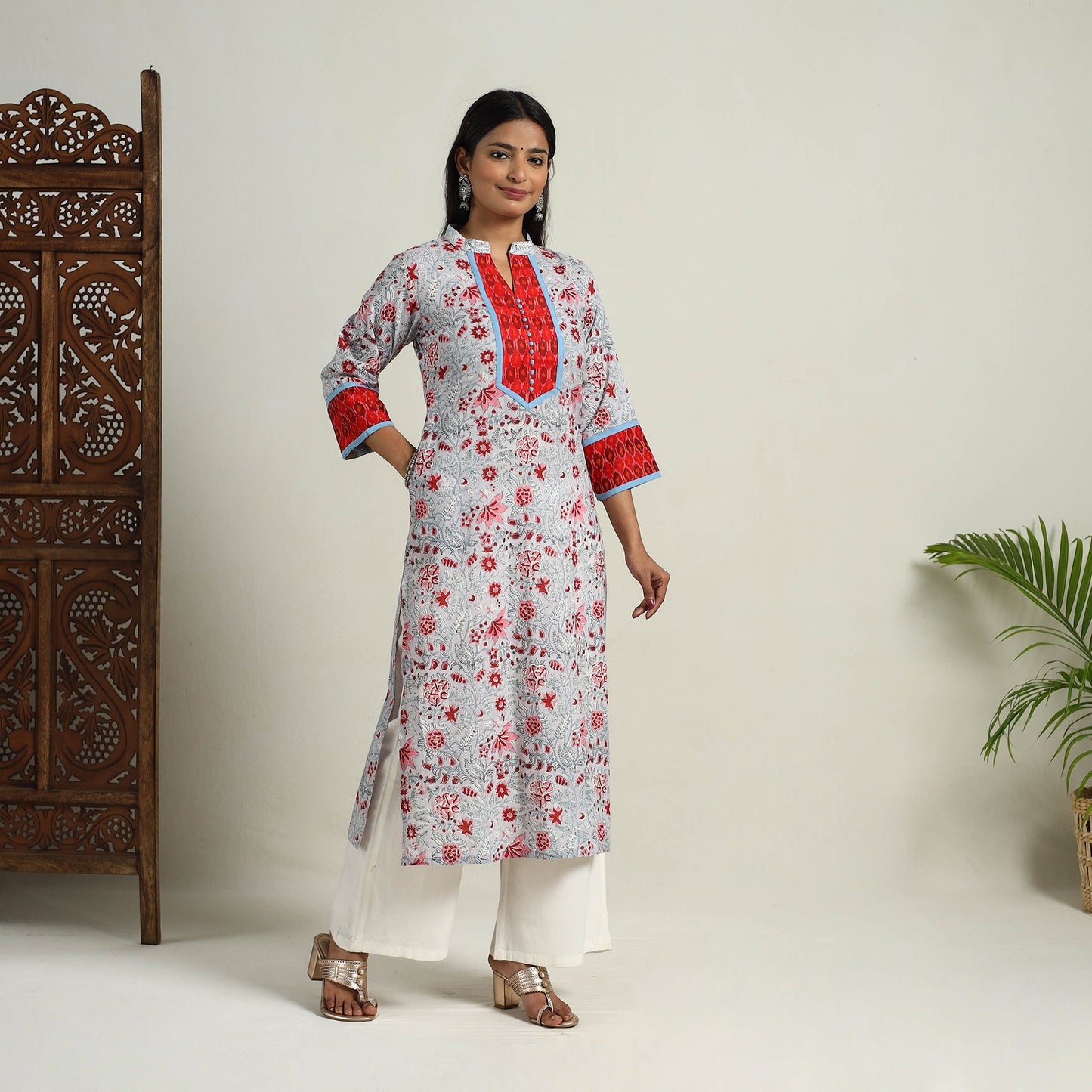 Artisanal Block Print Cotton Straight Grey Sanganeri Kurta for Women