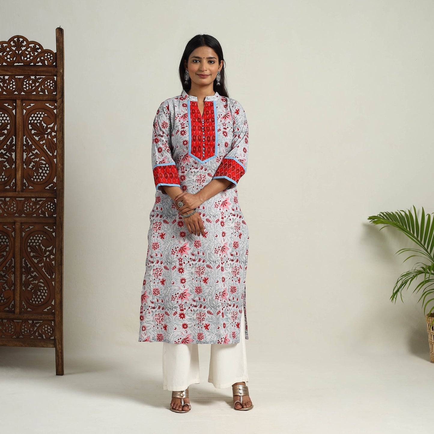 Artisanal Block Print Cotton Straight Grey Sanganeri Kurta for Women