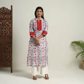 Artisanal Block Print Cotton Straight Grey Sanganeri Kurta for Women