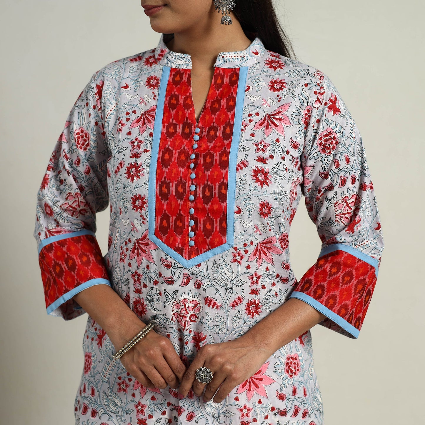 Artisanal Block Print Cotton Straight Grey Sanganeri Kurta for Women