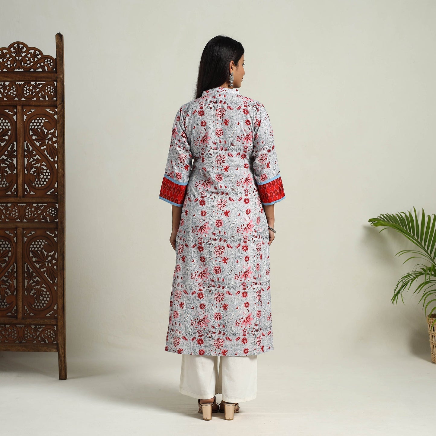 Artisanal Block Print Cotton Straight Grey Sanganeri Kurta for Women