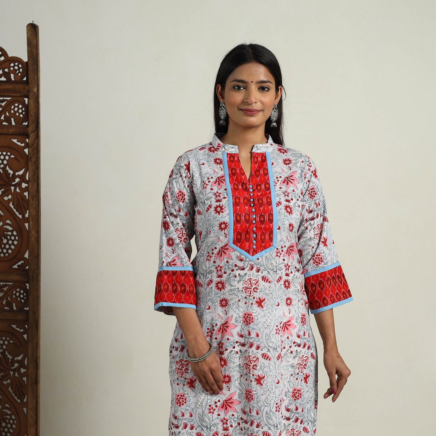 Artisanal Block Print Cotton Straight Grey Sanganeri Kurta for Women