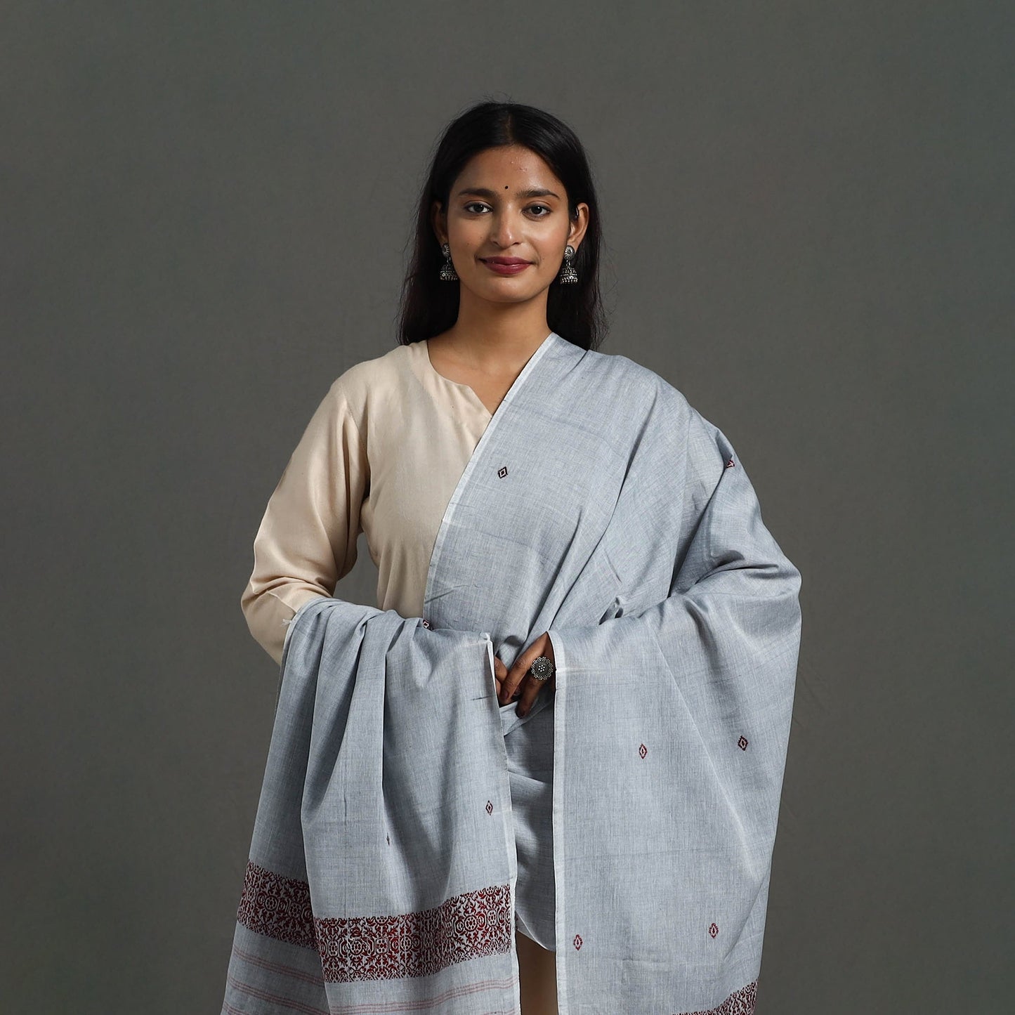 Grey - assam weave thread buti cotton handloom dupatta 14