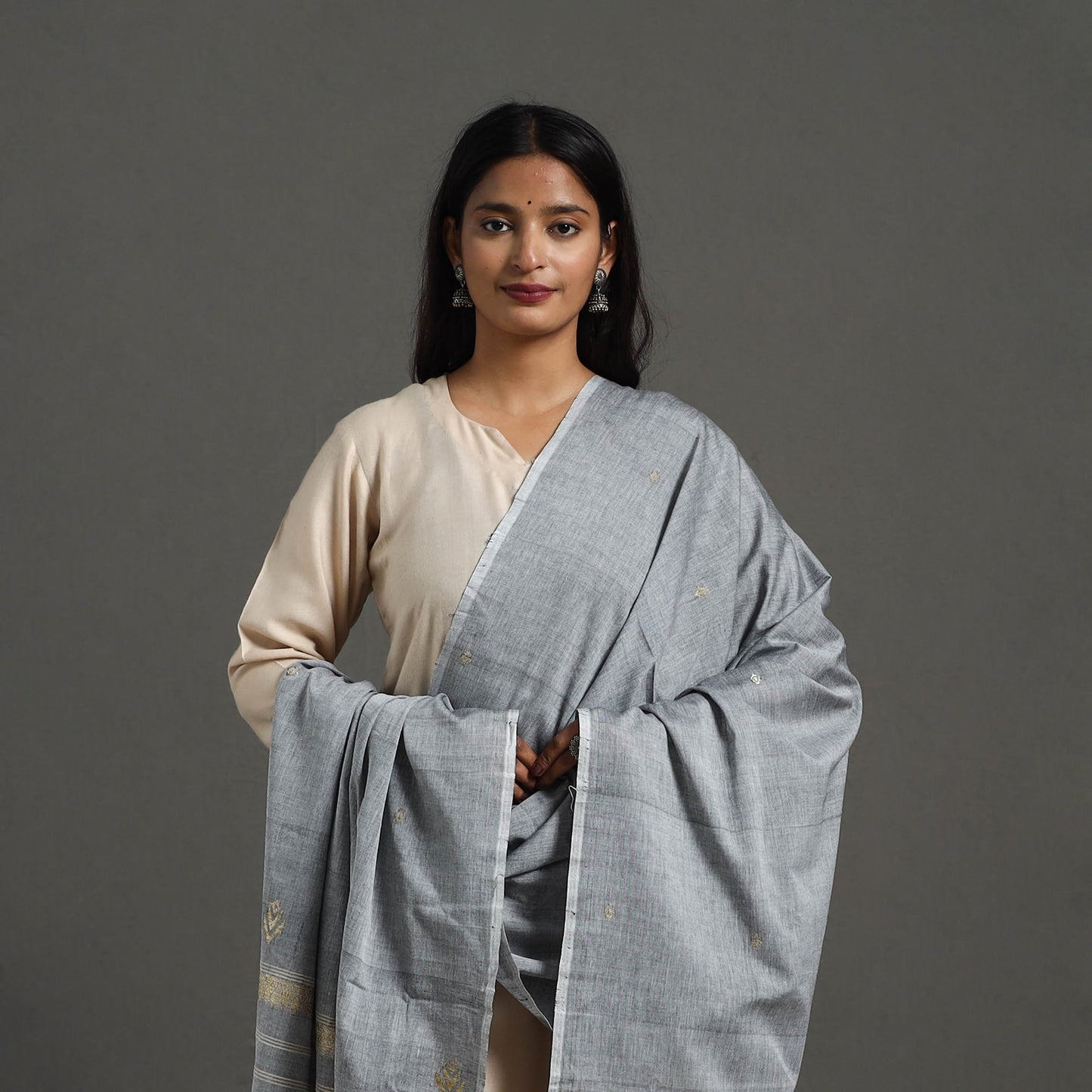 Grey - assam weave thread buti cotton handloom dupatta 20