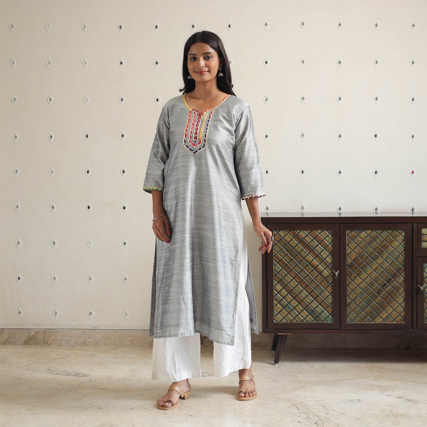 Ayesha Gray Gota Work Slub Silk Plain Kurta