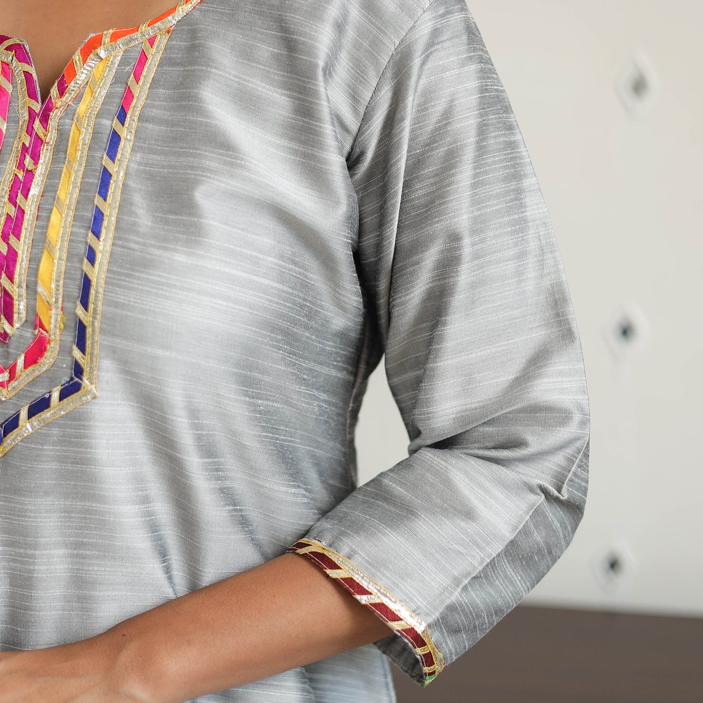 Ayesha Gray Gota Work Slub Silk Plain Kurta