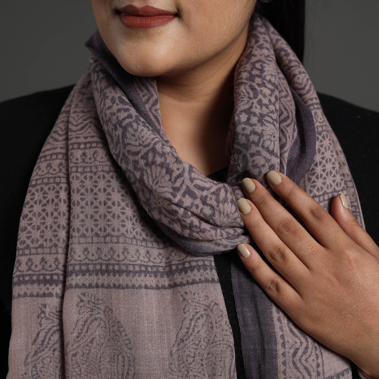  Brown Bagh Hand Block Printed Merino Woollen Stole