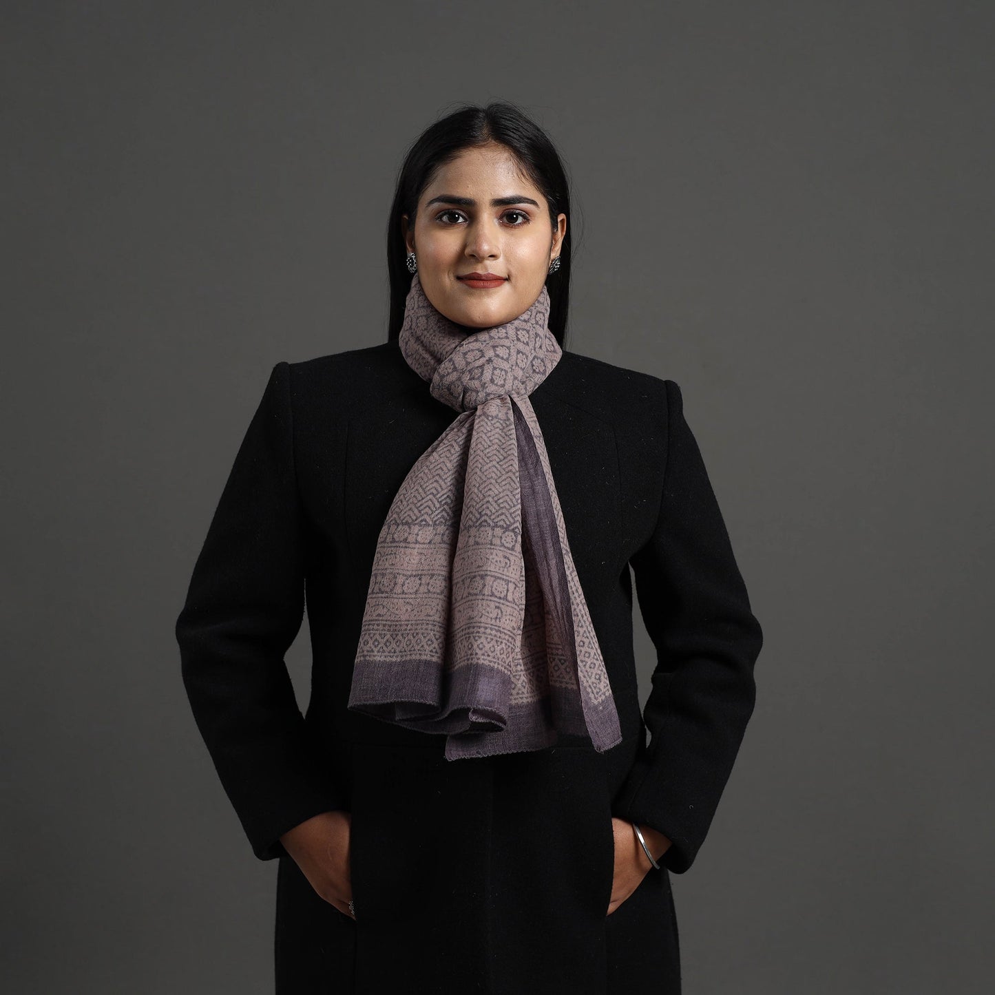 Grey - bagh hand printed merino woollen stole 44