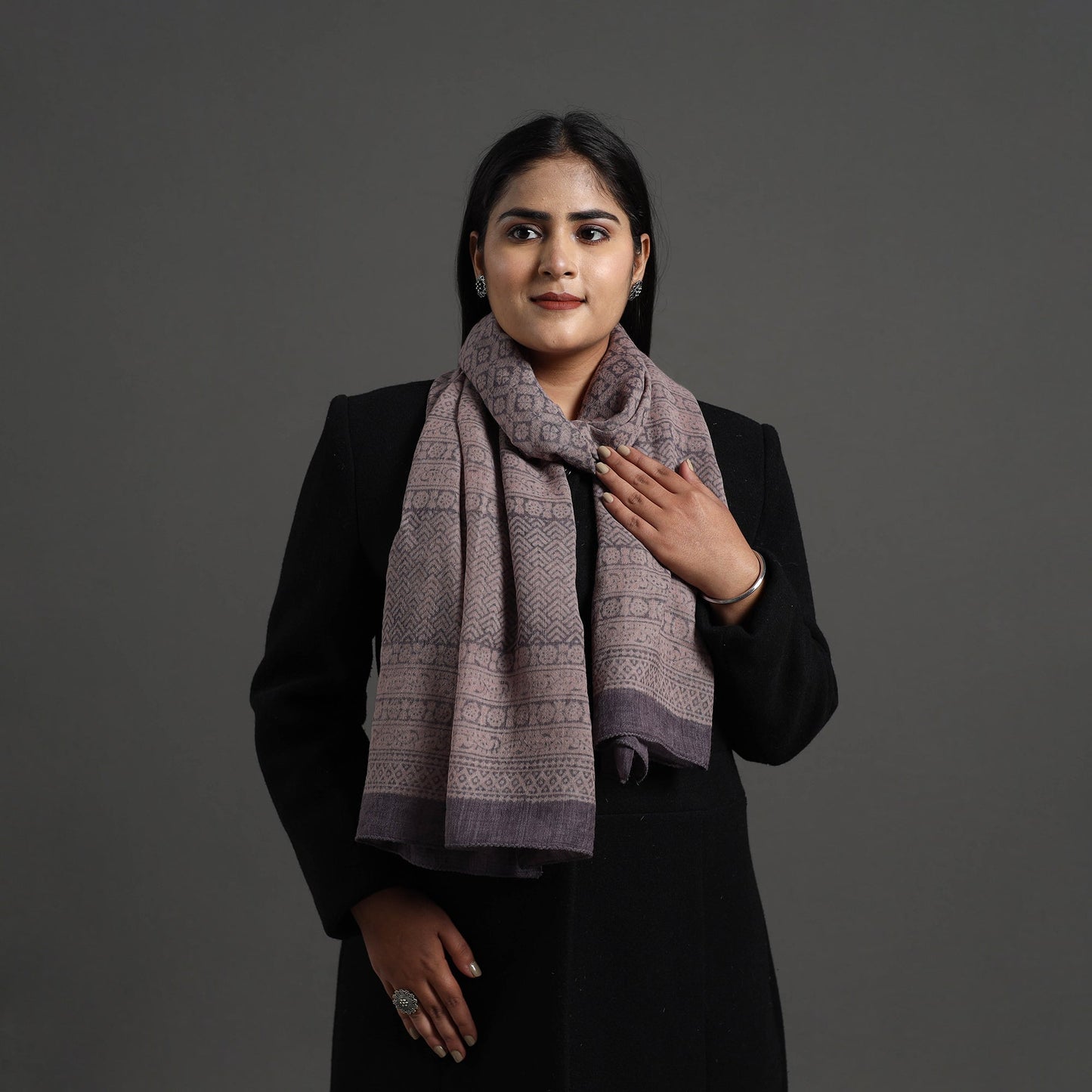 Grey - bagh hand printed merino woollen stole 44