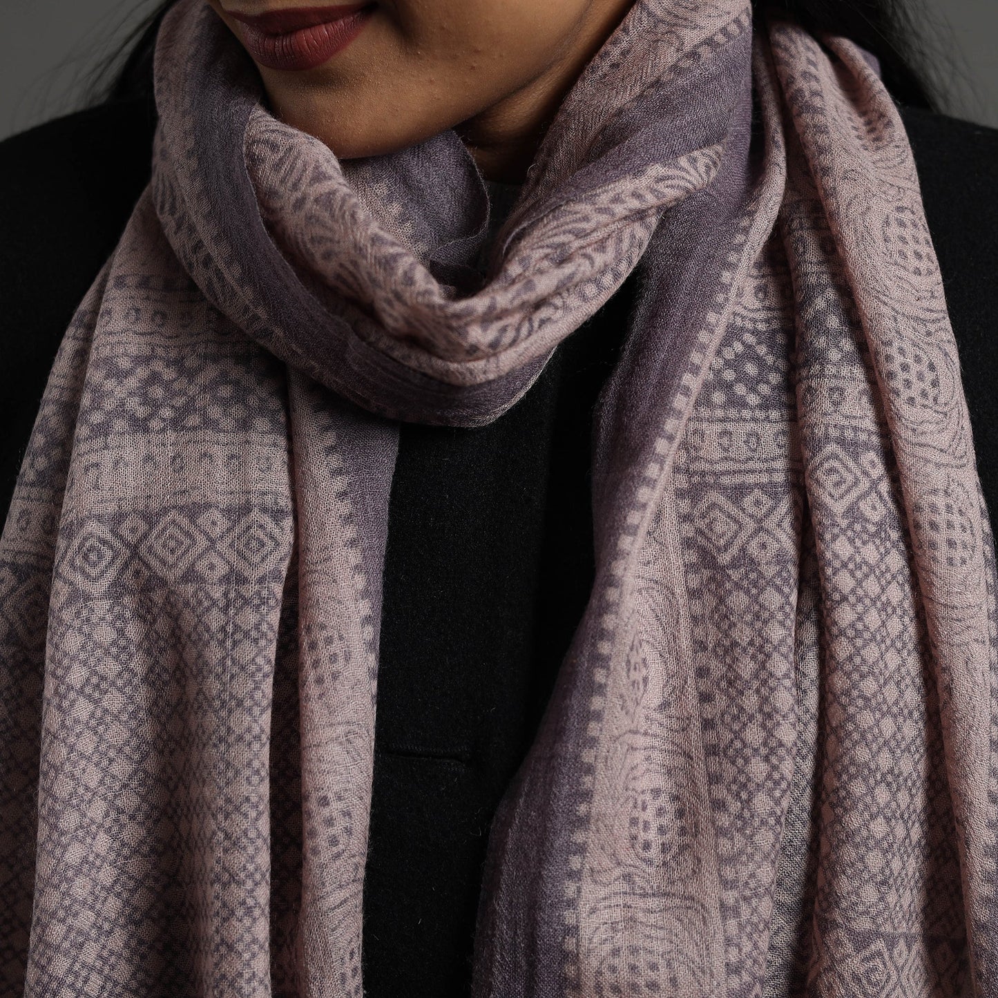  Grey Bagh Hand Block Printed Merino Woollen Stole