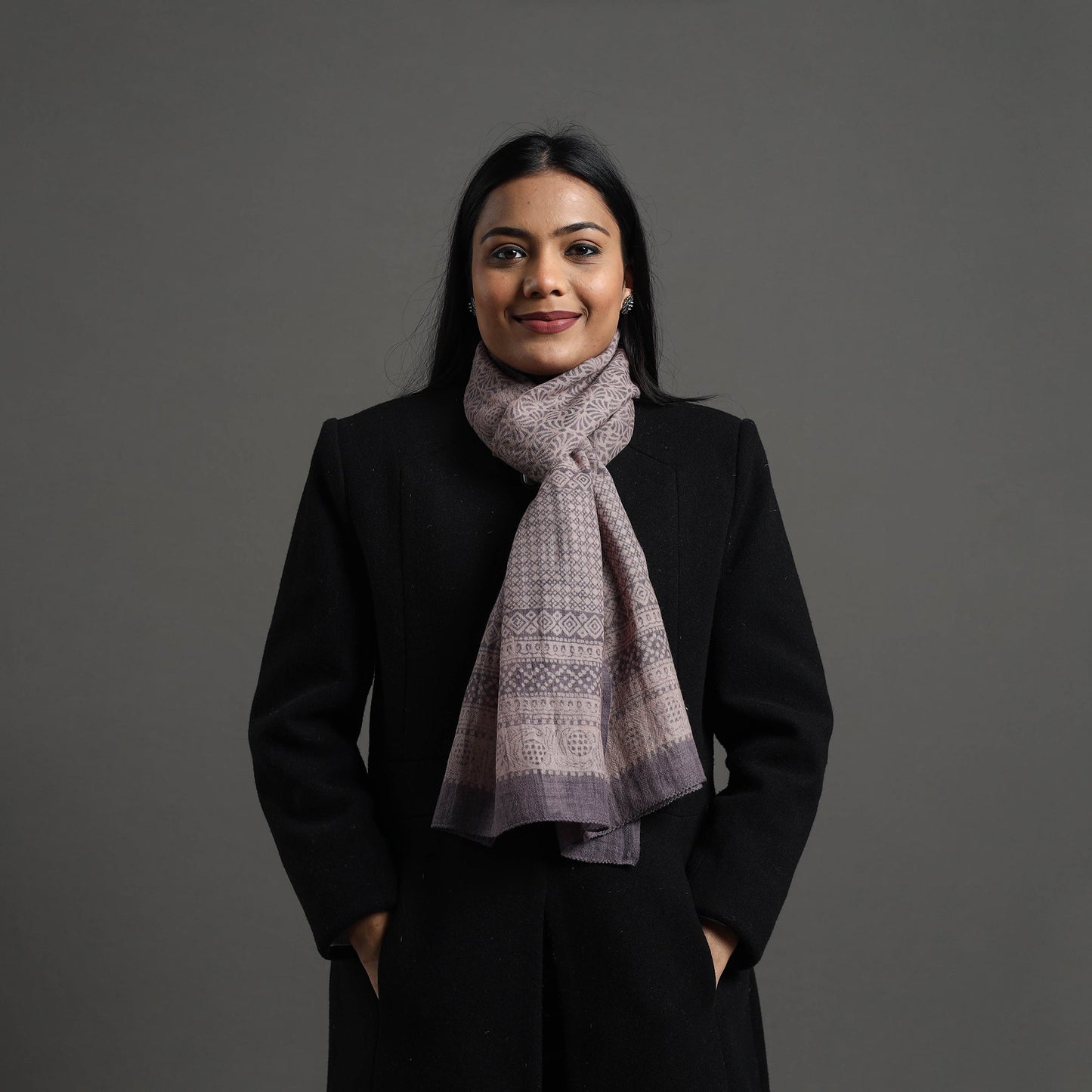  Grey Bagh Hand Block Printed Merino Woollen Stole