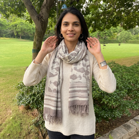 White and Grey Bagru Dabu Hand Block Print Pure Merino Wool Handwoven Natural Dyed Stole, worn by a woman, AI visual of the stole, iTokri