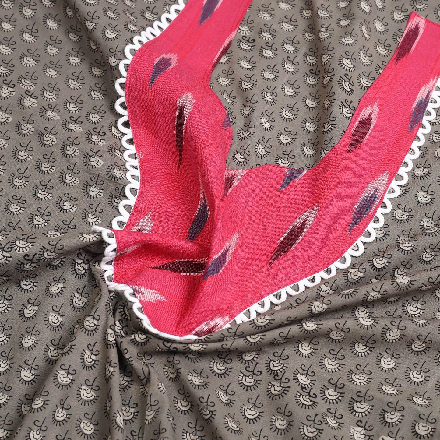 Buy Grey Bagru Print Patchwork Cotton Kurta Material