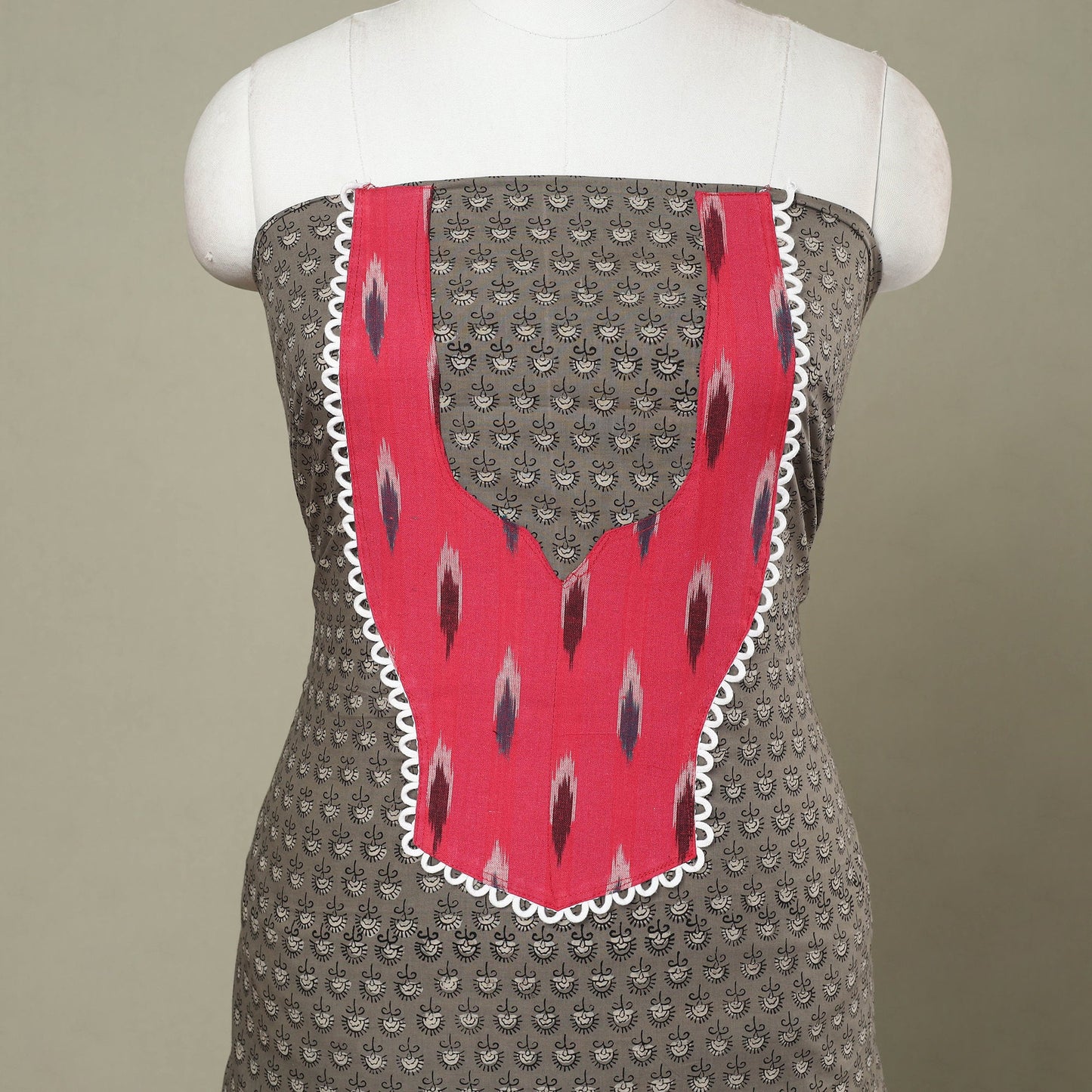 Buy Grey Bagru Print Patchwork Cotton Kurta Material