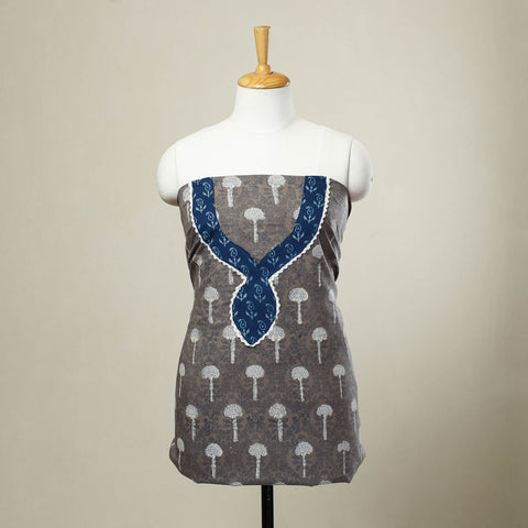 Grey Bagru Print Patchwork Cotton Kurta Material