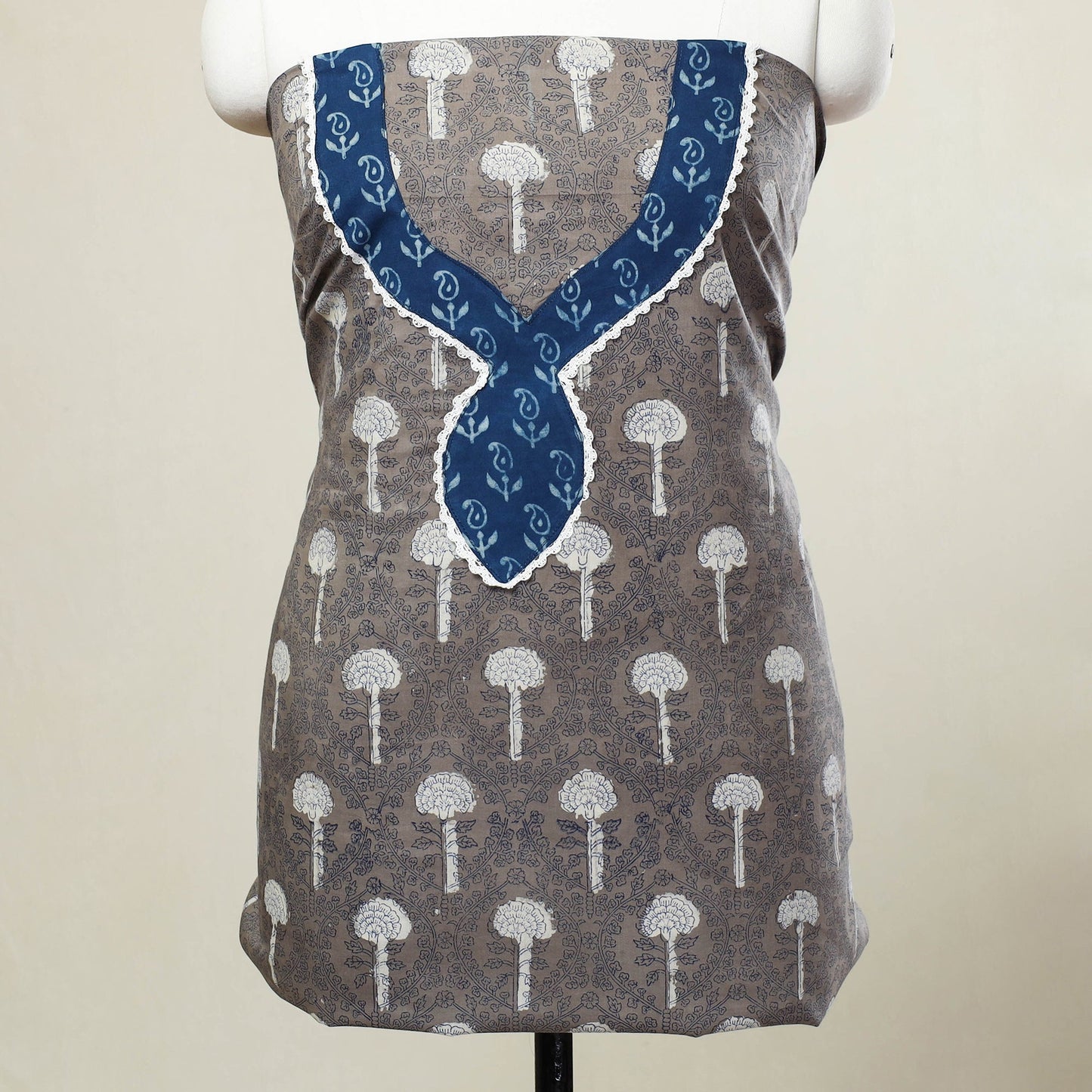  Grey Bagru Print Patchwork Cotton Kurta Material